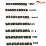 Набор 70 шт. SMD диодов 1N4007 M7 1N4001 M1 1N4004 M4 SS14 US1M RS1M SS34 7 значений * 10 шт.